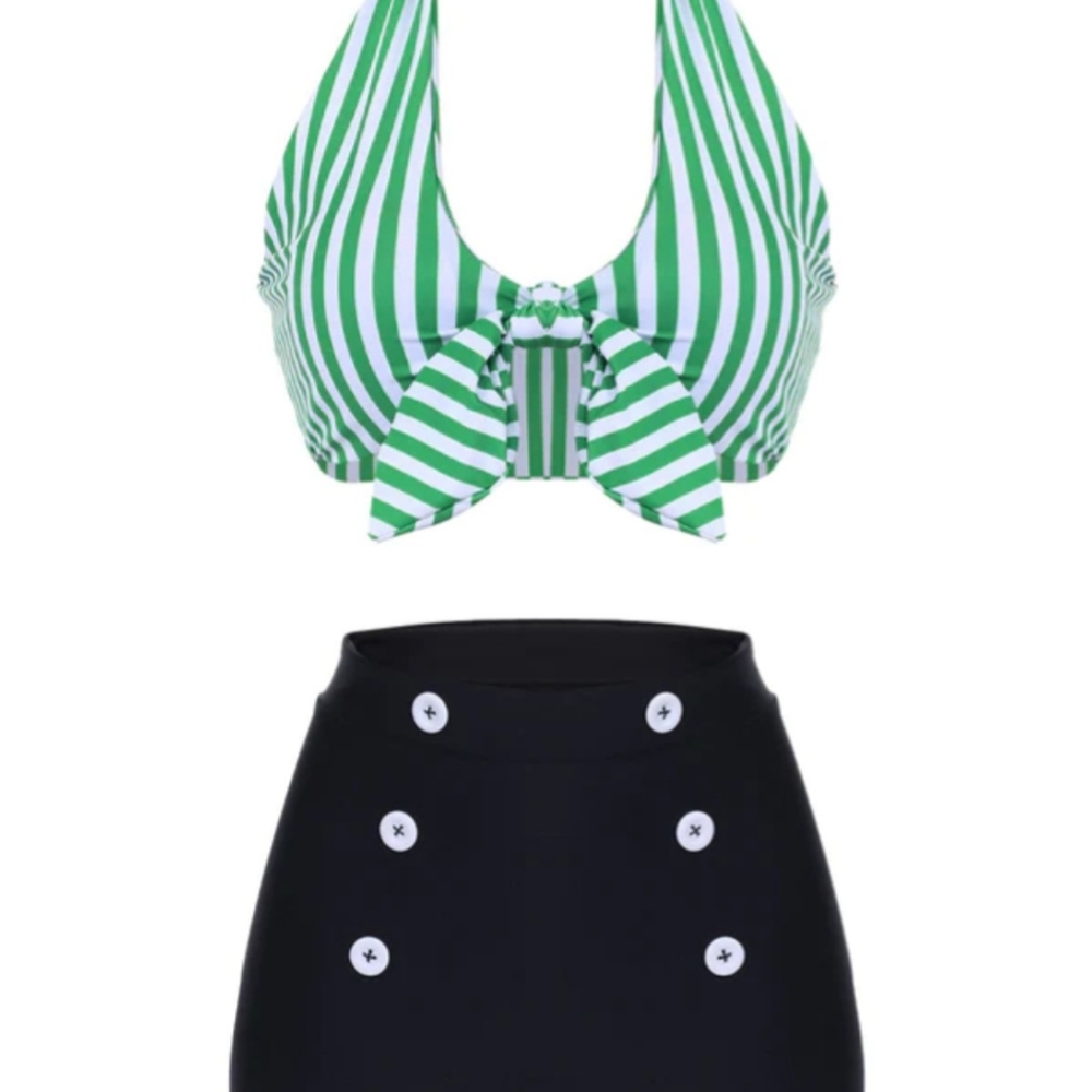 GREEN 1950S RETRO HALTER STRIPES BIKINI SET